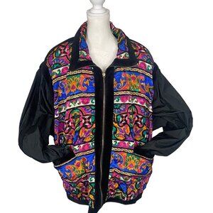 Vintage EAST WEST Women Jacket Size L Multicolor Zip Front Nylon Velour Bright